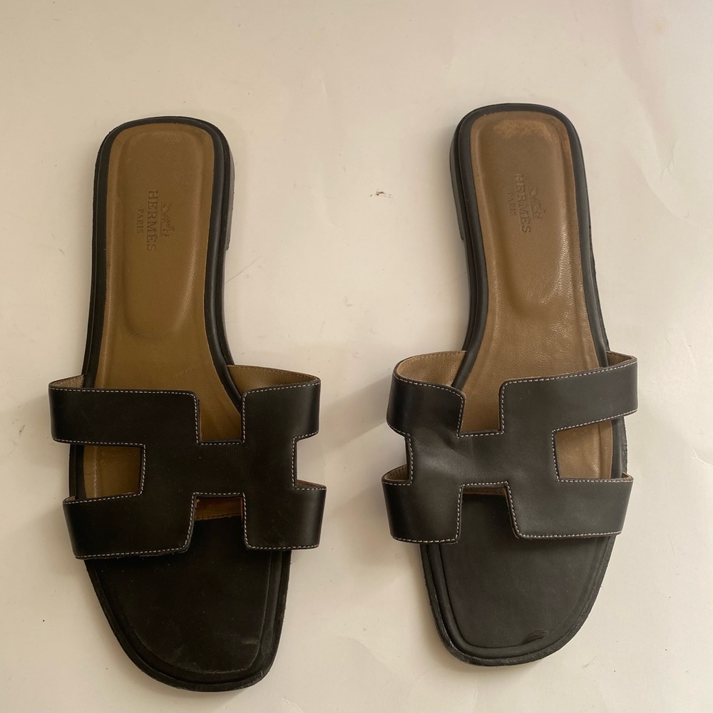 Hermes Black Leather Slippers